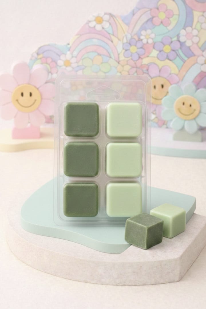 Fondants parfumés Yuzu Thé Vert en cire de soja, parfum frais aux notes d’agrumes et thé vert, ambiance rétro pastel.