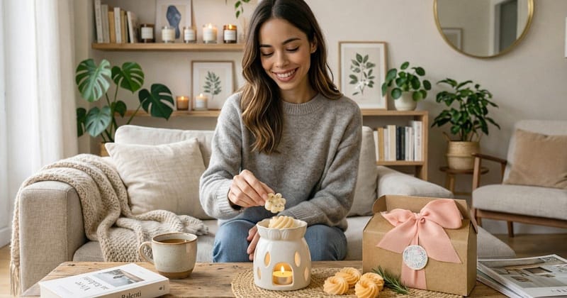 La bloggeuse Claire avec des fondants parfumés artisanaux et un brûle parfum dans son séjour chez elle - Fondant parfumé naturel et brûle-parfum artisanaux — N'importe Où - France