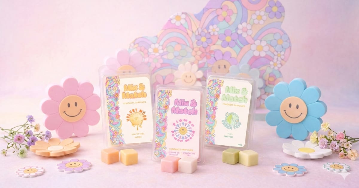Présentation des articles de la gamme Mix & Match, fondants parfumés avec trois boites : Velvet Moon, Green Trip et Flower Power Mood