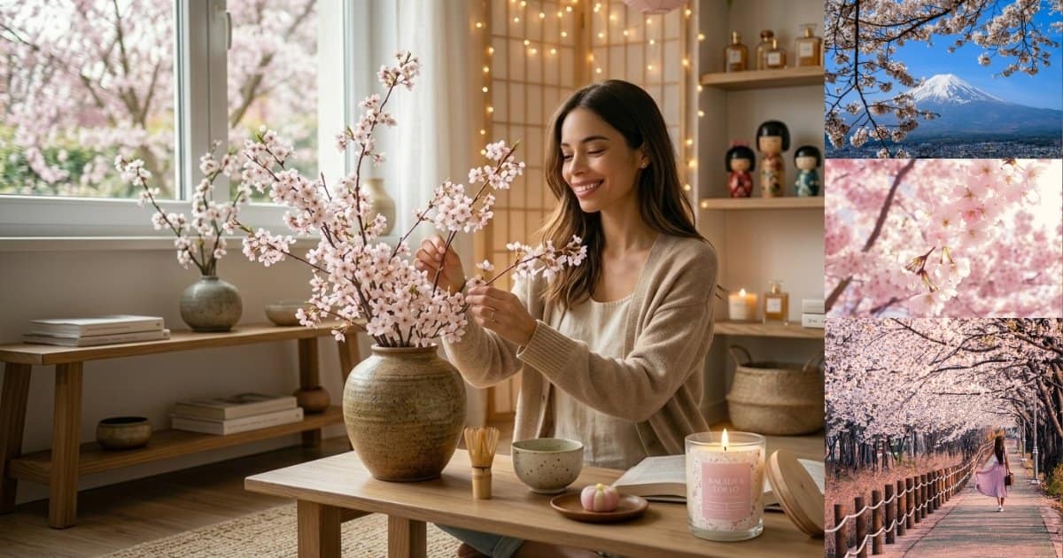 Notre bloggeuse Claire en train de récréer l'ambiance Hanami chez soi - fête des cerisiers japonais en fleur - à la maison - parfums d'ambiance N'importe où