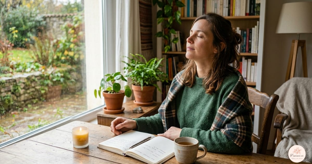 Femme sereine assise à une table en bois avec une bougie allumée et un carnet, illustrant une ambiance olfactive pour la relaxation.