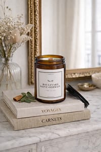 Bougie parfumée artisanale 37 Boulevard Saint-Germain, étiquette blanche sobre, posée sur un vieux livre à la reliure en cuir usée, ambiance salon de lecture ancien.