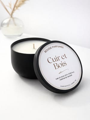 Bougie Cuir et bois pot metal noir