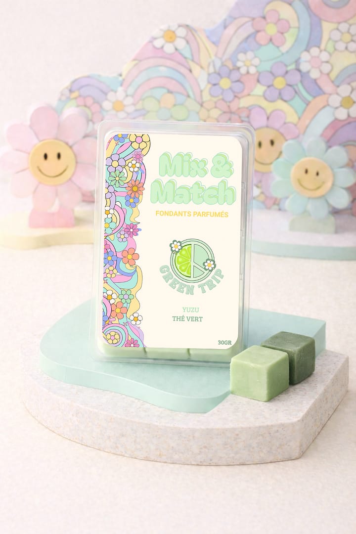 Fondants parfumés Yuzu Thé Vert en cire de soja, parfum frais aux notes d’agrumes et thé vert.