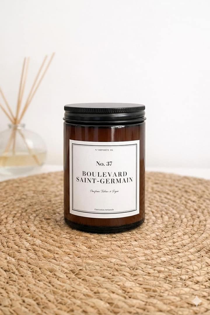 Bougie boulevard saint germain Tabac & Bois de santal pot couvercle fermé noir chic