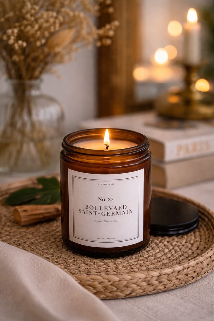 Détail d'une bougie de luxe allumée à côté de feuilles de tabac séchées et d'un bloc de bois de santal dans un appartement style parisienGauche Paris.