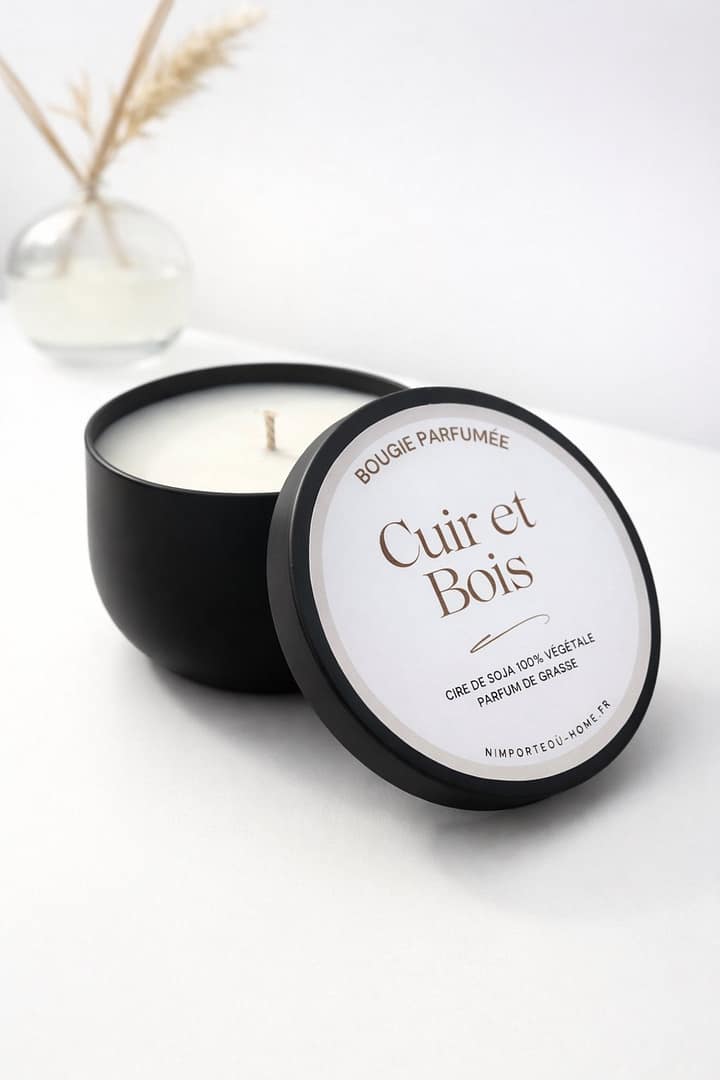 Bougie Cuir et bois pot metal noir