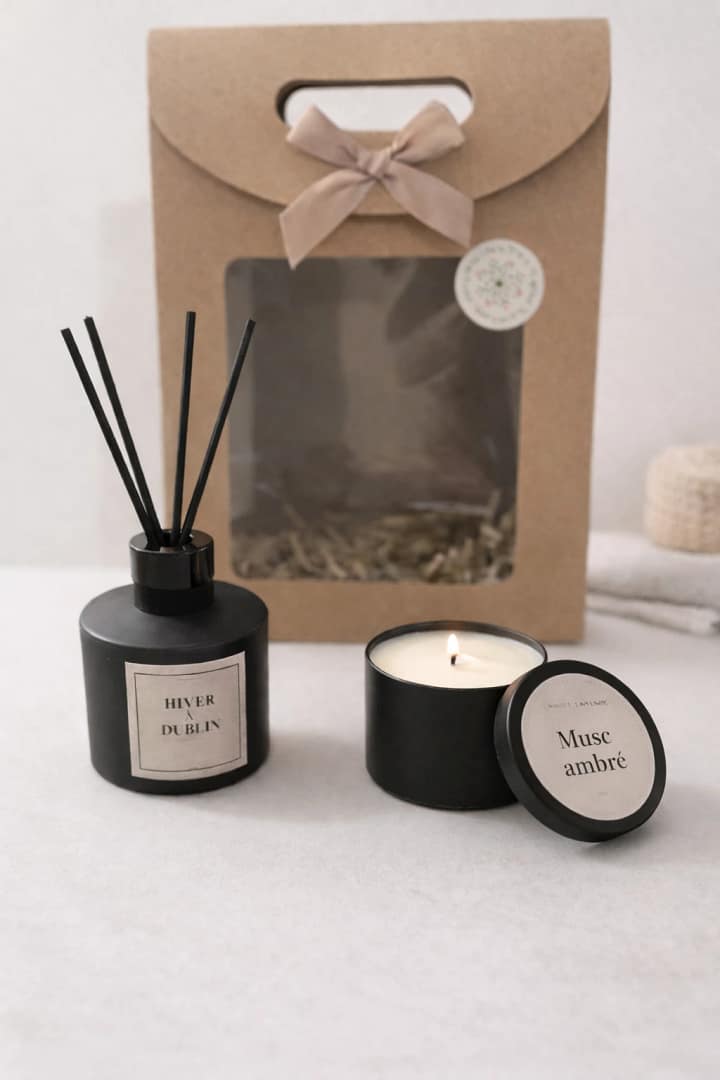 Coffret cadeau L'Empreinte ouvert avec bougie Musc Ambré et diffuseur Hiver à Dublin, style minimaliste.
