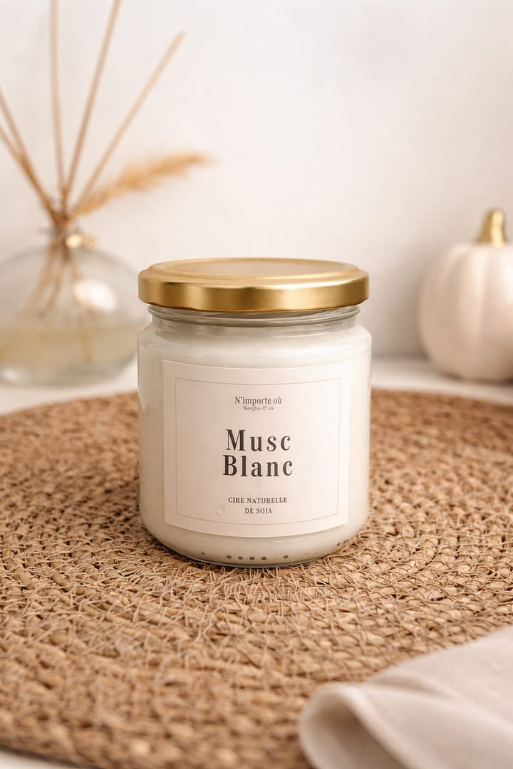 bougie parfumée musc blanc 110g ambiance bohème chic linge propre