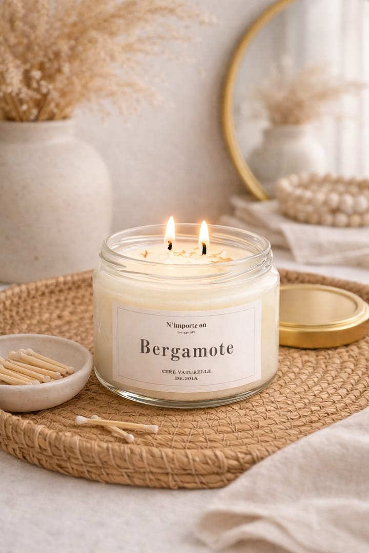 Bougie parfumée bergamote collection bohème verre couvercle doré ambiance minimaliste chic
