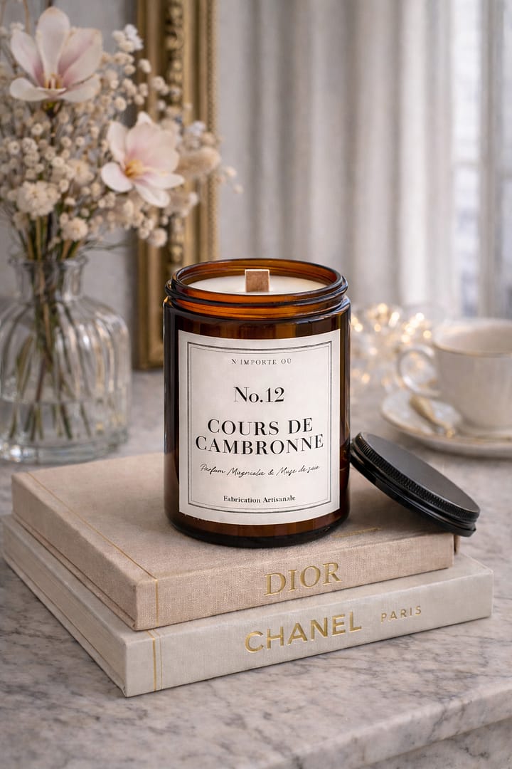 Bougie parfumée magnolia Cours de Cambronne ambiance bohème chic fleurs séchées intérieur parisien