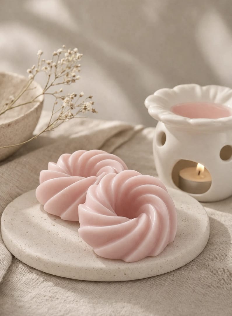 Fondant de cire végétale artisanale Barbe à Papa pour brûle-parfum, décor épuré.