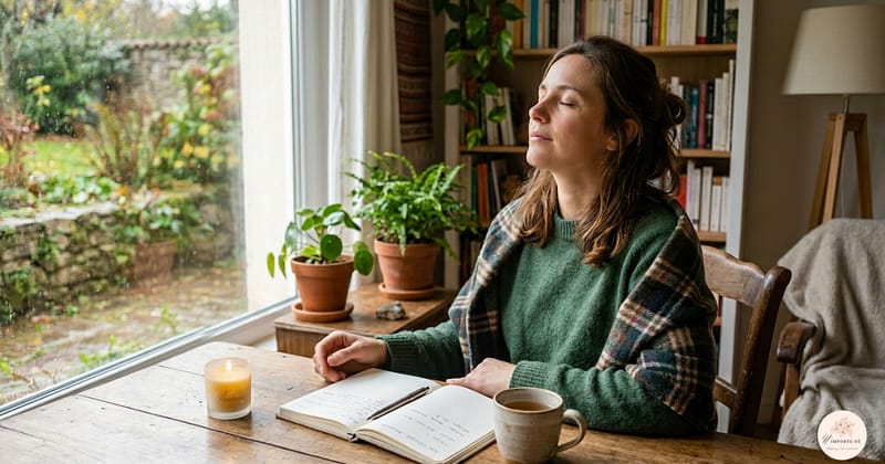 Femme sereine assise à une table en bois avec une bougie allumée et un carnet, illustrant une ambiance olfactive pour la relaxation.